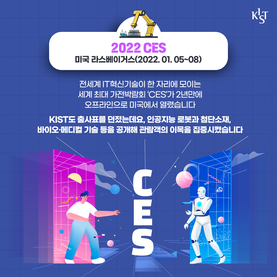 2022 CES 미국 라스베이거스(2022.01.05~08) 전세계 IT혁신기술이 한 자리에 모이는 세계 최대 가전박람회 'CES'가 2년만에 오프라인으로 미국에서 열렸습니다. KIST도 출사표를 던졌는데요, 인공지능 로봇과 첨단소재, 바이오·메디컬 기술 등을 공개해 관람객의 이목을 집중시켰습니다.