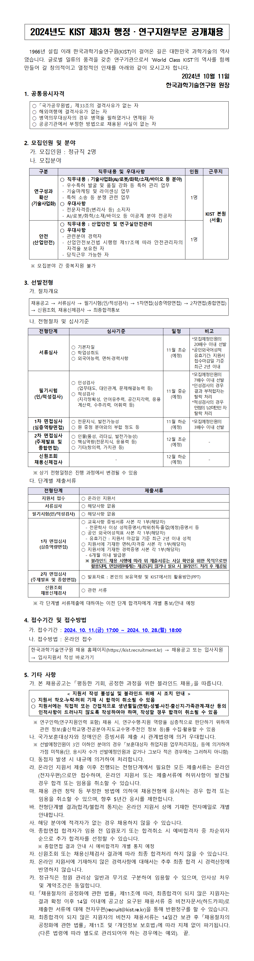 2024년도 KIST 제 3차 행정ㆍ연구지원부문 공개채용
1966년도 설립 이래 한국과학기술연구원(KIST)이 걸어온 길은 대한민국 과학기술의 역사였습니다. 글로벌 일류의 품격을 갖춘 연구기관으로서 WORLD CLASS KIST의 역사를 함께 만들어 갈 창의적이고 열정적인 인재를 아래와 같이 모시고자 합니다. 2024년 10월 11일 한국과학기술연구원 원장

1. 공통응시자격
○ 국가공무원법 제 33조의 결격사유가 없는 자
○ 해외여행에 결격사유가 없는 자
○ 병역의무대상자의 경우 병역을 필하였거나 면제된 자
○ 공공기관에서 부정한 방법으로 채용된 사실이 없는 자

2.모집인원 및 분야
가. 모집인원 : 정규직 2명
나. 모집분야
구분, 질문내용 및 우대사항, 인원, 근무지로 구성된 표.

연구성과 확산 (기술사업화)
○ 직무내용 : 기술사업화(AI/로봇/화학/소재/바이오 등 분야)
- 우수특허 발굴 및 품질 강화 등 특허 관리 업무
- 기술마케팅 및 라이센싱 업무
- 특허 소송 등 분쟁 관련 업무
○ 우대사항
- 전문자격증(변리사 등) 소지자
- AI/로봇/화학/소재/바이오 등 이공계 분야 전공자
1명
KIST 본원 (서울)

안전(산업안전)
○ 직무내용 : 산업안전 및 연구실안전관리
○ 우대사항
- 관련분야 경력자
- 산업안전보건법 시행령 제 17조에 따라 안전관리자의 자격을 보유한 자
- 당직근무 가능한 자
1명
KIST 본원 (서울)

※ 모집분야 간 중복지원 불가

3.선발전형
가. 절차개요
채용공고 → 서류심사 → 필기시험(인/적성검사) → 1차면접(심층역량면접) → 2차면접(종합면접) → 신원조회, 채용신체검사 → 최종합격통보
나. 전형절차 및 심사기준
전형단계, 심사기준, 일정, 비고로 구성된 표.
서류심사
○ 기본자질
○ 학업성취도
○ 외국어 능력, 면허ㆍ경력사항
11월 초순(예정)
* 모집예정인원의 20배수 이내 선발
* 공인외국어성적 유효기간 : 지원서 접수마감일 기준 최근 2년 이내

필기시험(인/적성검사)
○ 인성검사 (업무태도, 대인관계, 문제해결능력 등)
○ 적성검사 (지각정확성, 언어유추력, 공간지각력, 응용계산력, 수추리력, 어휘력 등)
11월 중순(예정)
* 모집예정인원의 7배수 이내 선발
* 인성검사의 경우 결과 부적합자는 탈락 처리
* 적성검사의 경우 만점의 1/2미만인 자 탈락 처리

1차 면접심사 (심층역량면접)
○ 전문지식, 발전가능성
○ 원 중점 분야와의 부합 정도 등
11월 하순(예정)
* 모집예정인원의 3배수 이내 선발

2차 면접심사 (주제발표 및 종합면접)
○ 인물(품성, 리더십, 발전가능성)
○ 핵심역량(전문지식, 응용력 등)
○ 기타(창의력, 가치관 등)
12월 초순(예정)

신원조회 채용신체감서
12월 하순(예정)

※ 상기 전형일정은 진행 과정에서 변경될 수 있음

다. 단계별 제출서류

전형단계, 제출서류로 구성된 표.
지원서 접수
○ 온라인 지원서
서류심사
○ 해당사항 없음
필기시험(인/적성검사)
○ 해당사항 없음
1차면접 (심층역량면접)
○ 교육사항 증빙서류 사본 각 1부 (해당자)
- 전문학사 이상 성적증명서 / 학위취득ㆍ졸업(예정)증명서 등
○ 공인 외국어성적표 사본 각 1부 (해당자)
- 유효기간 : 지원서 마감일 기준 최근 2년 이내 성적
○ 지원서에 기재한 면허/자격증 사본 각 1부(해당자)
○ 지원서에 기재한 경력증명 사본 각 1부(해당자)
- 6개월 이내 발급분
※ 블라인드 채용 시행에 따라 위 제출서류는 사실 확인을 위한 목적으로만 활용되며, 면접위원에게는 제공되지 않거나 필요 시 블라인드 처리 후 제공됨

2차 면접심사(주제발표 및 종합면접)
○ 발표자료 : 본인의 보유역량 및 KIST에서의 활용방안(PPT)
신원조회 채용신체검사
○ 관련 서류
※ 각 단계별 서류제출에 대하여는 이전 단계 합격자에게 개별 통보/안내 예정

4. 접수기간 및 접수방법
가. 접수기간 : 2024.10.11.(금) 17:00~2024.10.28.(월) 18:00
나. 접수방법 : 온라인 접수
한국과학기술연구원 채용 홈페이지(https://kist.recruitment.kr) → 채용공고 또는 입사지원 →  입사지원서 작성 바로가기

5. 기타 사항
가. 본 채용공고 「평등한 기회, 공정한 과정을 위한 블라인드 채용」을 따릅니다.
지원서 작성 불성실 및 블라인드 위배 시 조치 안내
○ 지원서 착오ㆍ누락ㆍ허위 기재 시 합격이 취소될 수 있음
○ 지원서에는 직접적 또는 간접적으로 생년월일(연령)ㆍ성별ㆍ사진ㆍ출신지ㆍ가족관계ㆍ재산 등의 인적사항이 드러나지 않도록 작성하여야 하며, 작성할 경우 합격이 취소될 수 있음
※ 연구인력(연구지원인력 포함) 채용 시, 연구수행ㆍ지원 역량을 심층적으로 판단하기 위하여 관련 정보(출신학교명ㆍ전공분야ㆍ지도교수명ㆍ추천인 정보 등)를 수집ㆍ활용 할 수 있음
나. 국가보훈대상자와 장애인은 증빙서류 제출 시 관계법령에 의거 우대합니다.
※ 선발예정인원이 3인 이하인 분야의 경우 「보훈대상자 취업지원 업무처리지침」 등에 의거하여 가점 미적용(단, 응시자 수가 선발예정인원과 같거나 그보다 적은 경우에는 그러하지 아니함)
다. 동점자 발생 시 내규에 의거하여 처리합니다.
라. 온라인 지원서 제출 이후 진행되는 전형단계에서 필요한 모든 제출서류는 온라인(전자우편)으로만 접수하며, 온라인 지원서 또는 제출서류에 허위사항이 발견될 경우 합격 또는 임용을 취소할 수 있습니다.
마. 채용 관련 청탁 등 부정한 방법에 의하여 채용전형에 응시하는 경우 합격 또는 임용을 취소할 수 있으며, 향후 5년간 응시를 제한합니다.
바. 전형단계별 결과(합격/불합격 통지)는 온라인 지원서 상에 기재한 전자메일로 개별안내합니다.
사. 해당 분야에 적격자가 없는 경우 채용하지 않을 수 있습니다.
아. 종합면접 합격자가 임용 전 입원포기 또는 합격취소 시 예비합격자 중 차순위자 순으로 추가 합격자를 선정할 수 있습니다.
※ 종합면접 결과 안내 시 예비합격자 개별 통지 예정
자. 신원조회 또는 채용신체검사 결과에 따라 최종 합격처리 하지 않을 수 있습니다.
차. 온라인 지원서에 기재하지 않은 경력사항에 대해서는 추후 최종 합격 시 경력산정에 반영하지 않습니다
카. 정규직은 정원 관리상 일반과 무기로 구분하여 임용할 수 있으며, 인사상 처우 및 계약조건은 동일합니다.
타. 「채용절차의 공정화에 관한 법률」 제 11조에 따라, 최종합격이 되지 않은 지원자는 결과 확정 이후 14일 이내에 공고상 요구된 채용서류 중 비전자문서(하드카피)로 제출한 서류에 대해 전자우편(recruit@kist.re.kr)을 통해 반환청구를 할 수 있습니다.
파. 최종합격이 되지 않은 지원자의 비전자 채용서류는 14일관 보관 후 「채용절차의 공정화에 관한 법률」 제 11조 및 「개인정보 보호법」에 따라 지체 없이 파기됩니다. (다른 법령에 따라 별도로 관리되어야 하는 경우에는 예외). 끝.