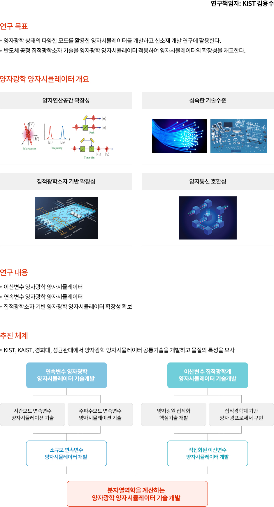 연구책임자 : KIST 김용수

									연구목표
									양자광학 상태의 다양한 모드를 활용한 양자시뮬레이터를 개발하고 신소재 연구에 활용한다.
									반도체 공적 집적광학소자 기술을 양자광학 양자 시뮬레이터 적용하여 양자시뮬레이터의 확장성을 재고한다.

									양자광학 양자시뮬레이터 개요
									양자연산공간 확장성, 성숙한 기술수준, 집적광학소자 기반 확장성, 양자통신 호환성

									연구내용
									이산변수 양자광학 양자시뮬레이터
									연속변수 양자광학 양자시뮬레이터
									집적광학소자 기반 양자광학 양자시뮬레이터 확장성 확보

									추진 체계
									kist, kaist, 경희대, 성균관대에서 양자광학 양자시뮬레이터 공통기술을 개발하고 물질의 특성을 모사

									연속변수 양자광학 양자시뮬레이터 기술개발 / 시간모드 연속변수 양자 시뮬레이션 기술, 주파수모드 연속변수 양자시뮬레이션 기술 / 소규모 연속변수 양자시뮬레이터 개발

									이산변수 집적광학계 양자시뮬레이터 기술개발 / 양자광원집적화 핵심기술 개발, 집적광학계 기반 양자 광프로세서 구현 / 직접화된 이산변수 양자시뮬레이터 개발

									분자열역학을 계산하는 양자광학 양자 시뮬레이터 기술 개발